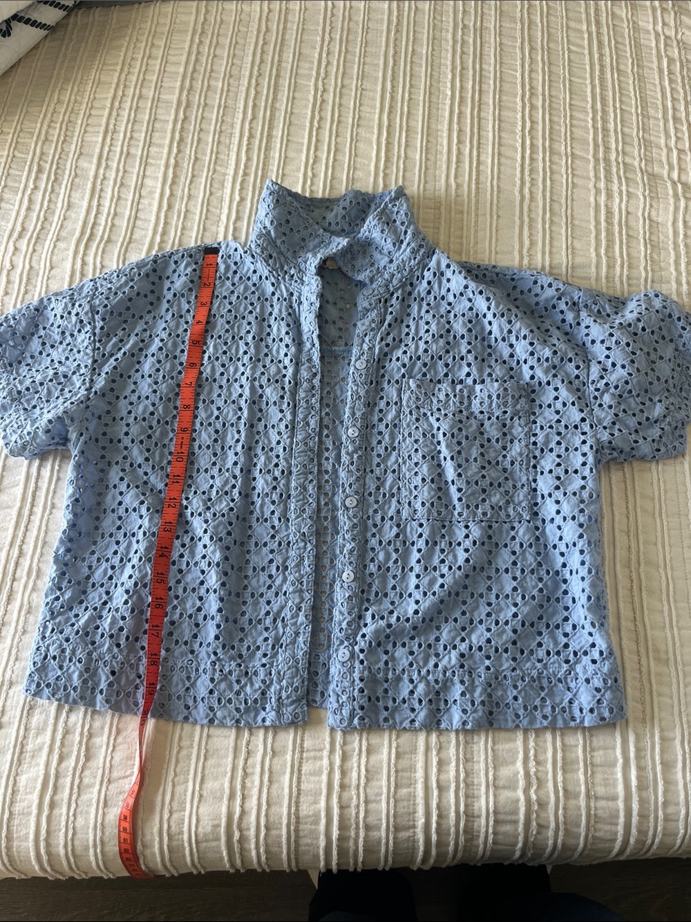 100% cotton Marled Light Blue Eyelet Short-Sleeve cropped shirt jacket